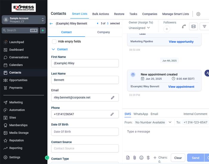 CRM contact view dashboard with appointments