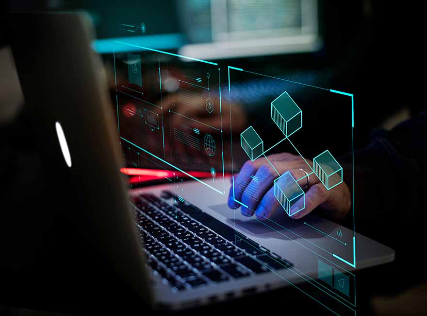 A man typing on laptop with security floating boxes
