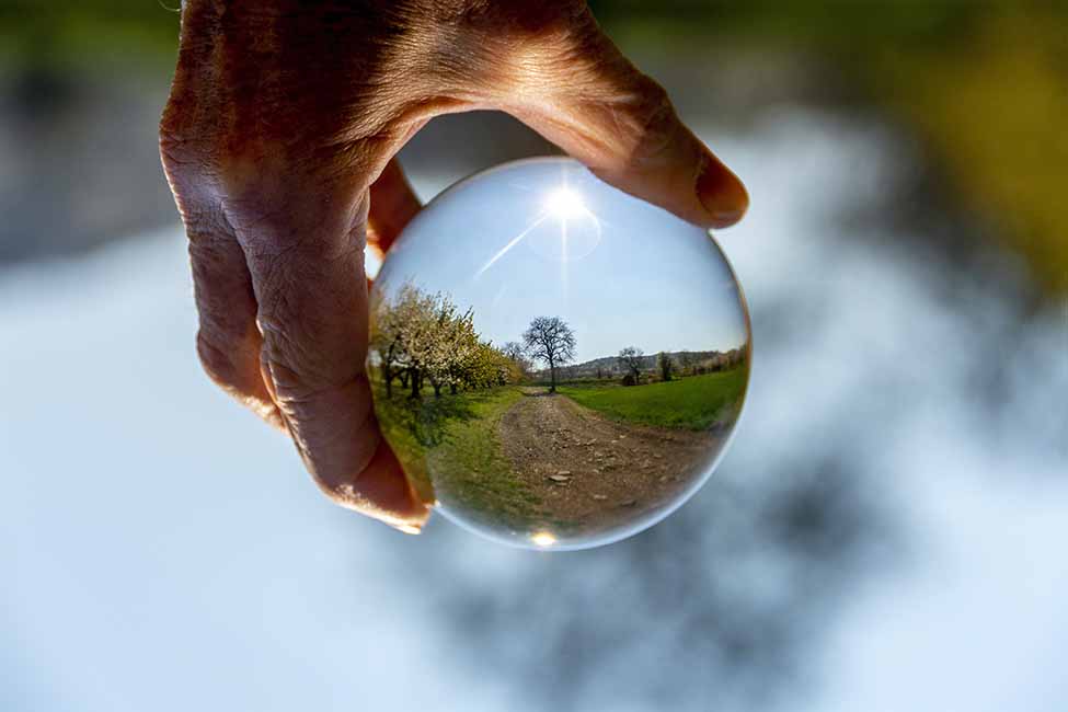 A closeup of the view of a field in a crystal sphere