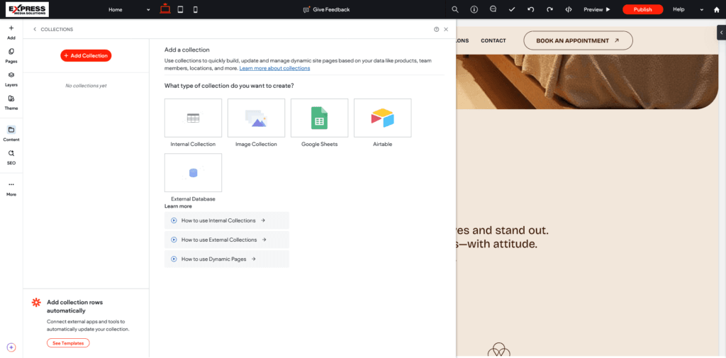 Create internal collections and connect to external data.