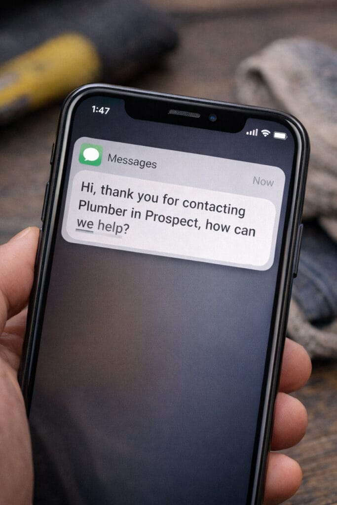 Mail holding a mobile device with a text message on the screen