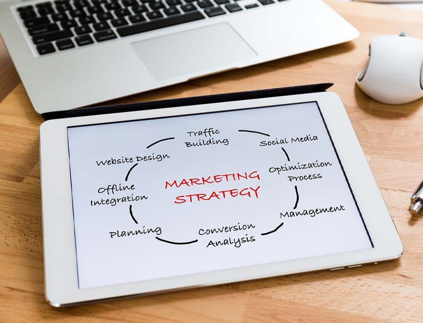 Business office table with table PC presenting marketing Strategy concept