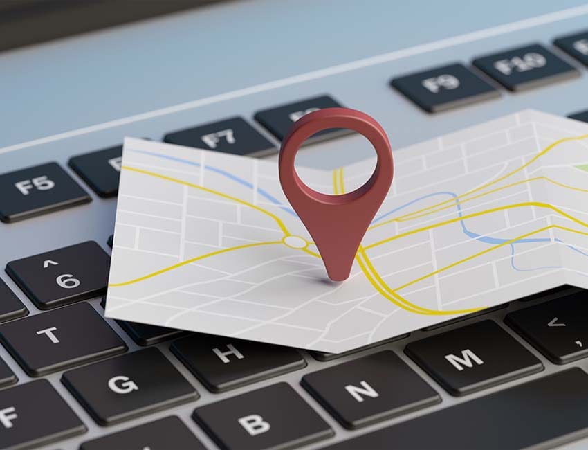 Online maps, gps navigation concept. Map pointer location on a computer laptop. 3d illustration