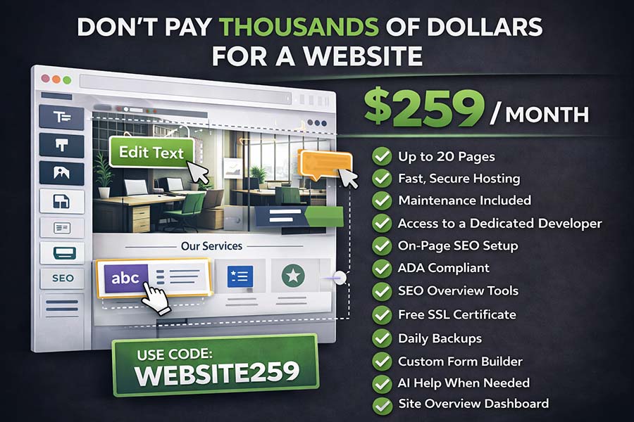 Website design and hosting promotion. Get a website for $259 per month.