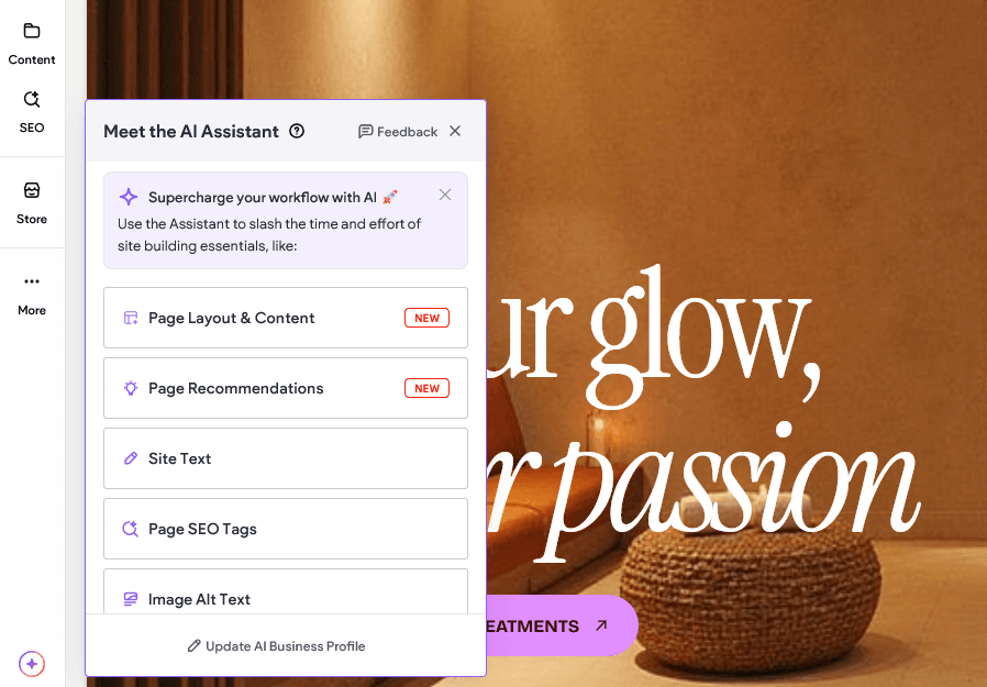 A screenshot of AI Assistant inside of a website builder