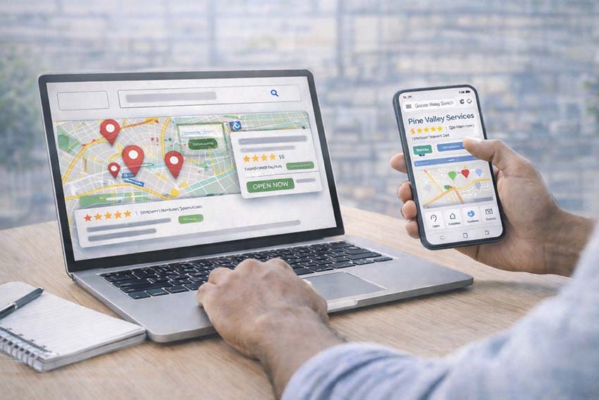 A businessman with a laptop on his desk and holding a mobile device with a map on both screens.