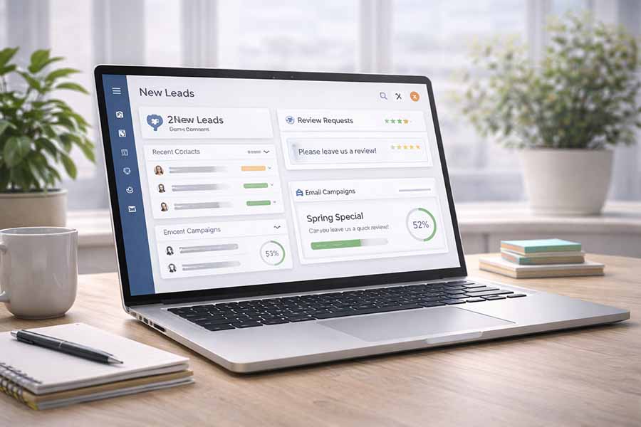 Laptop on a clean desk with leads on the screen