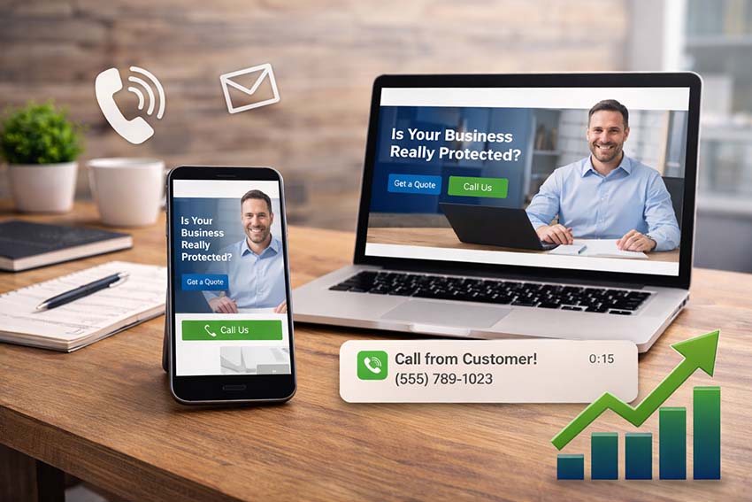 Laptop and phone on a desk showing a business website with clear call and contact buttons