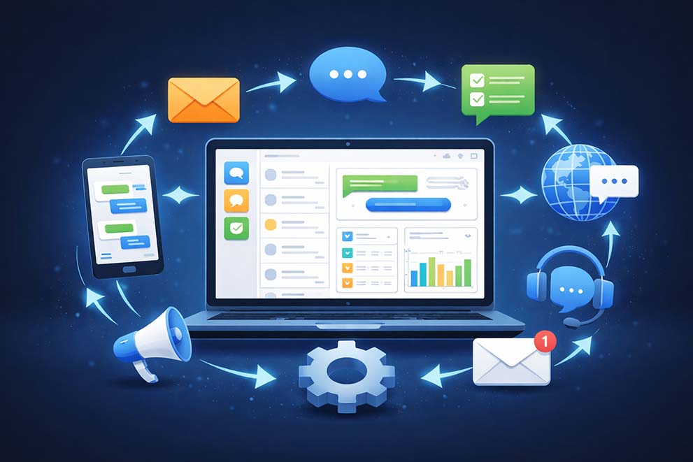 Laptop in the middle surrounded by with marketing tools.