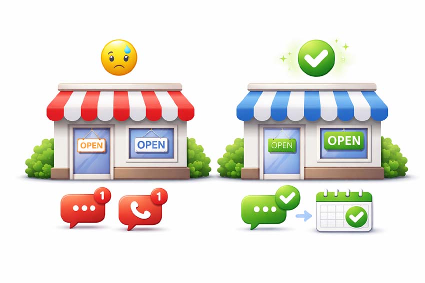 Illustration of two businesses side by side. One business is losing leads and another one is keeping most of their leads