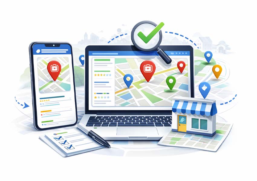 Laptop and a mobile device on left representing local seo