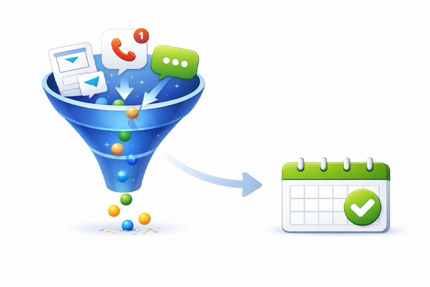 Funnel on right, calendar on left. Leads falling through the funnel, some booked, some fell right through.